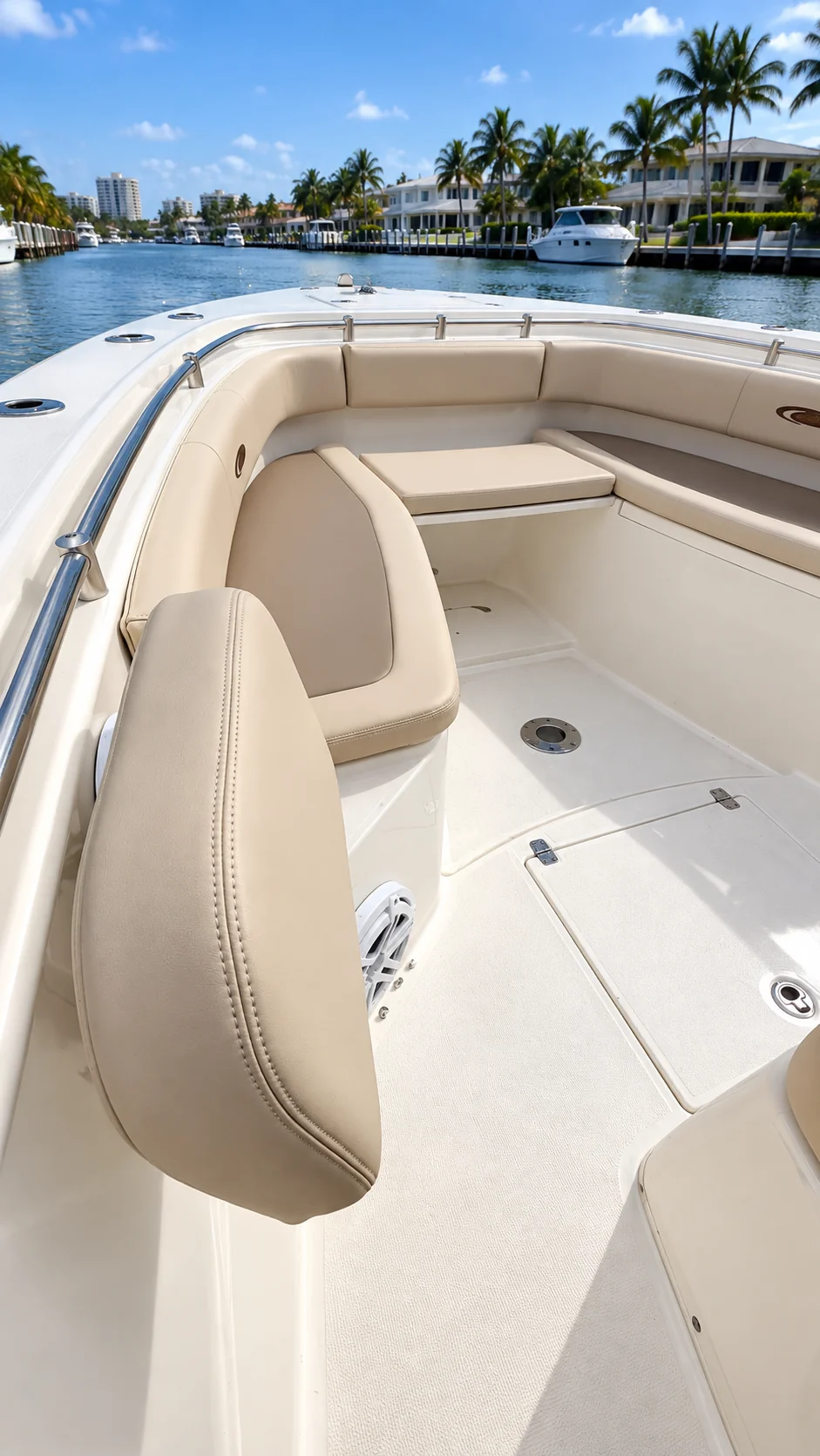 2015 Cobia 296 bow seating after full upholstery restoration by Pelican Canvas